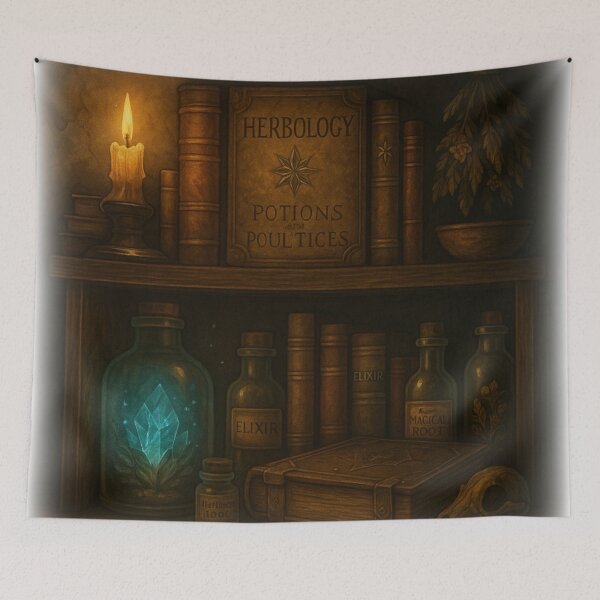 Item preview, “The Mystic Library Nook – Hidden Lore & Arcane Shelves Wall Art” designed and sold by fairmaiden7.