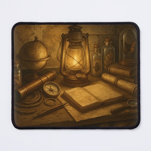 Item preview, “Lanternlit Explorer’s Desk – Fantasy Lore & Vintage Map Wall Art” designed and sold by fairmaiden7.