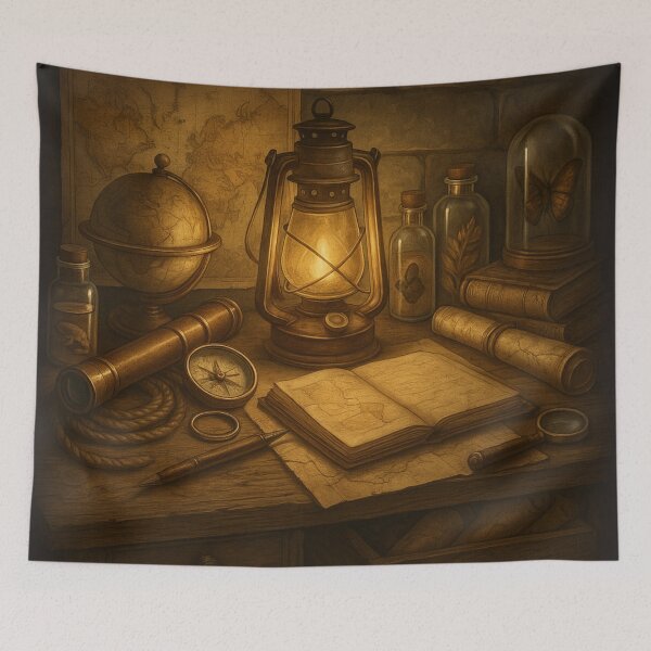 Item preview, “Lanternlit Explorer’s Desk – Fantasy Lore & Vintage Map Wall Art” designed and sold by fairmaiden7.