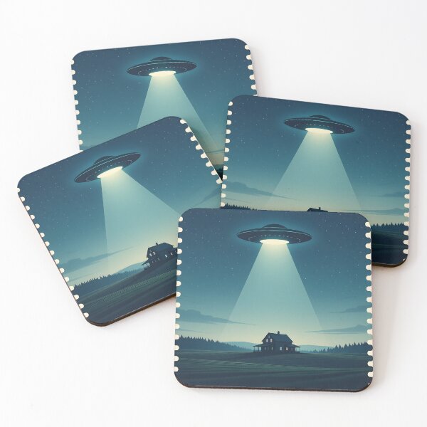 Item preview, Blue-Tinted UFO – Cinematic Night Sky Alien Abduction Over Farmhouse on Hill | Illustration designed and sold by Pineapple And Cherries.