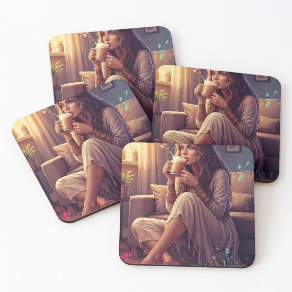 Item preview, Elegant Boho-Chic Young Woman Enjoying a Cozy Latte in a Stylish Living Room | Illustration designed and sold by Pineapple And Cherries.