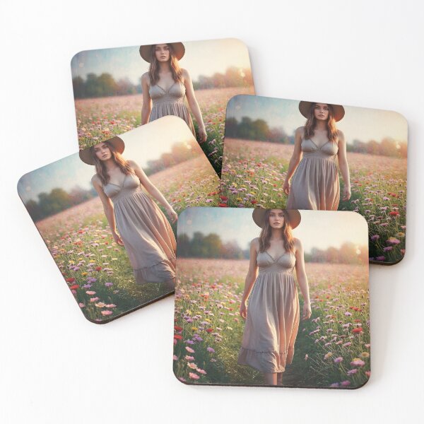 Item preview, Boho-Chic Young Woman Strolling Through a Sunlit Flower Field in a Flowing Dress | Illustration designed and sold by Pineapple And Cherries.