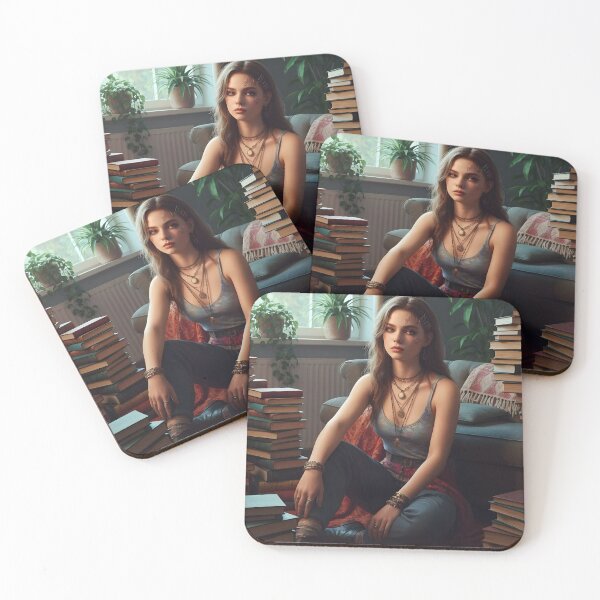Item preview, Boho-Chic Young Woman Surrounded by Stacks of Books in a Cozy Living Room | Illustration designed and sold by Pineapple And Cherries.