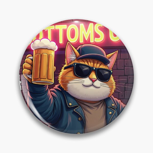 Item preview, Cool Orange Cat Wearing Sunglasses and Cap Holding Beer Mug in Front of Neon Bottoms Up Sign Bar Scene designed and sold by Mimoshi ⭐⭐⭐⭐⭐.