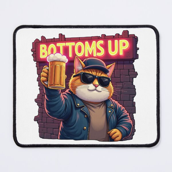 Item preview, Cool Orange Cat Wearing Sunglasses and Cap Holding Beer Mug in Front of Neon Bottoms Up Sign Bar Scene designed and sold by Mimoshi ⭐⭐⭐⭐⭐.