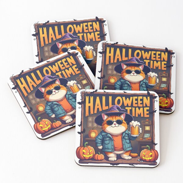 Item preview, Orange Cat in Witch Hat and Sunglasses Holding Beer Mug Surrounded by Pumpkins and Arcade Machine on Halloween Night designed and sold by Mimoshi ⭐⭐⭐⭐⭐.
