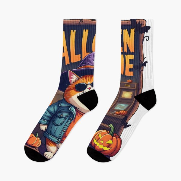 Item preview, Orange Cat in Witch Hat and Sunglasses Holding Beer Mug Surrounded by Pumpkins and Arcade Machine on Halloween Night designed and sold by Mimoshi ⭐⭐⭐⭐⭐.