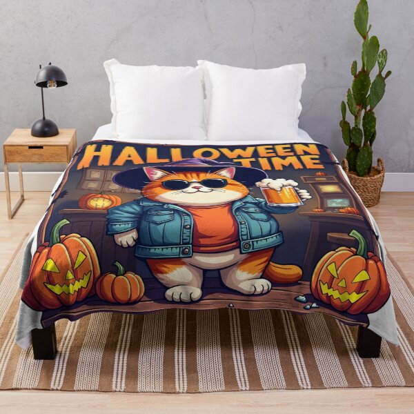 Item preview, Orange Cat in Witch Hat and Sunglasses Holding Beer Mug Surrounded by Pumpkins and Arcade Machine on Halloween Night designed and sold by Mimoshi ⭐⭐⭐⭐⭐.