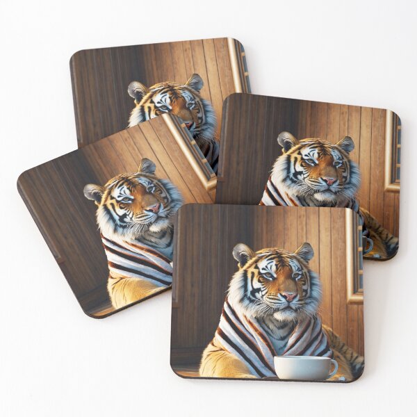 Item preview, Cozy Tiger with Coffee in Rustic Cabin designed and sold by vk09.