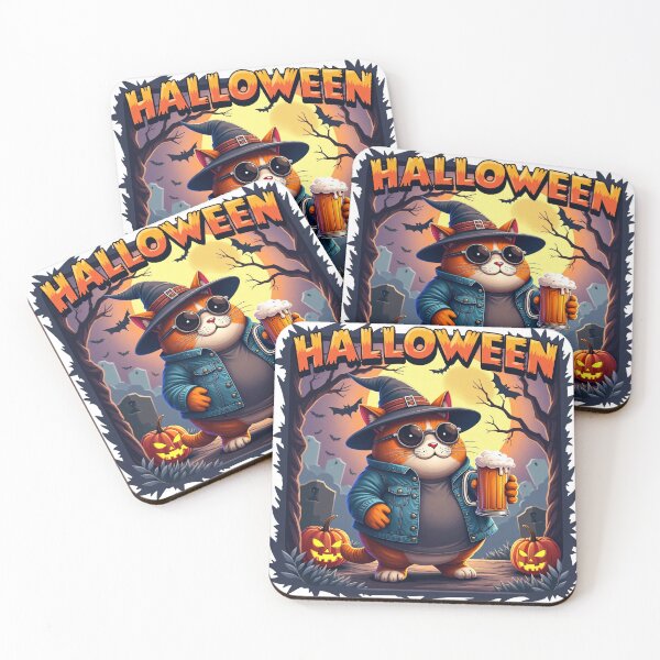 Item preview, Orange Cat in Witch Hat and Sunglasses Holding Beer Mug Surrounded by Pumpkins in Spooky Halloween Graveyard Night Scene designed and sold by Mimoshi ⭐⭐⭐⭐⭐.