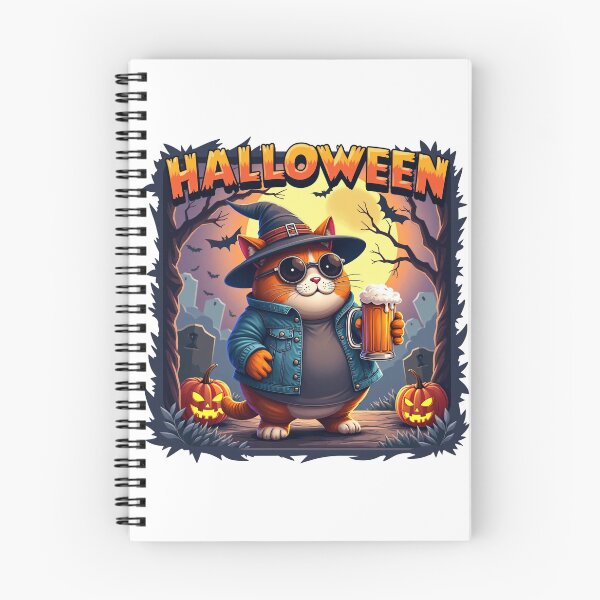 Item preview, Orange Cat in Witch Hat and Sunglasses Holding Beer Mug Surrounded by Pumpkins in Spooky Halloween Graveyard Night Scene designed and sold by Mimoshi ⭐⭐⭐⭐⭐.