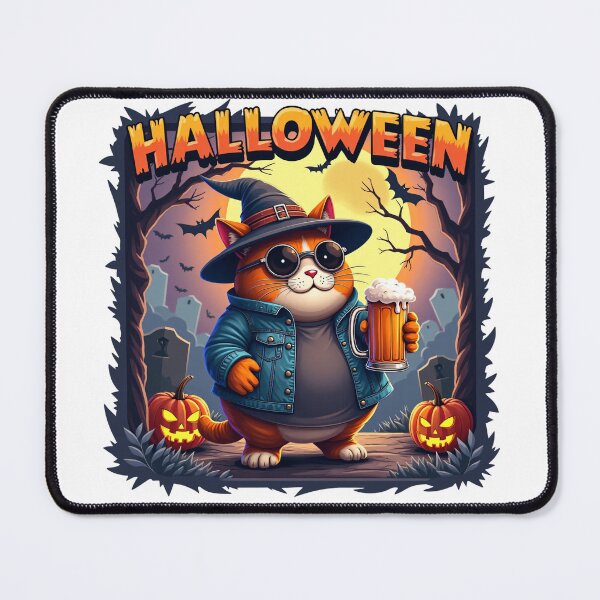 Item preview, Orange Cat in Witch Hat and Sunglasses Holding Beer Mug Surrounded by Pumpkins in Spooky Halloween Graveyard Night Scene designed and sold by Mimoshi ⭐⭐⭐⭐⭐.