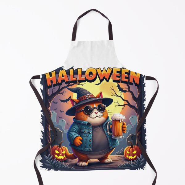 Item preview, Orange Cat in Witch Hat and Sunglasses Holding Beer Mug Surrounded by Pumpkins in Spooky Halloween Graveyard Night Scene designed and sold by Mimoshi ⭐⭐⭐⭐⭐.