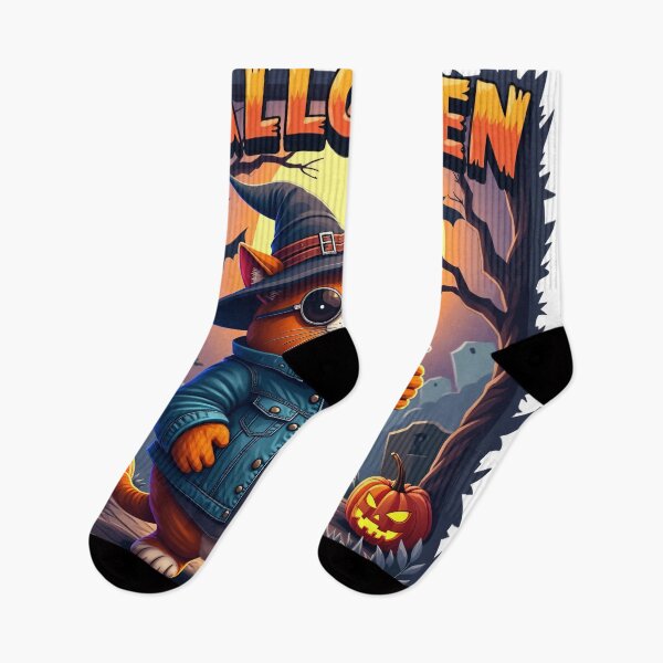 Item preview, Orange Cat in Witch Hat and Sunglasses Holding Beer Mug Surrounded by Pumpkins in Spooky Halloween Graveyard Night Scene designed and sold by Mimoshi ⭐⭐⭐⭐⭐.