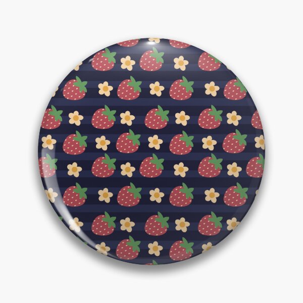 Item preview, Small pattern of red strawberries with strawberry flowers on a striped navy-blue pattern designed and sold by Katrina-Clayton.