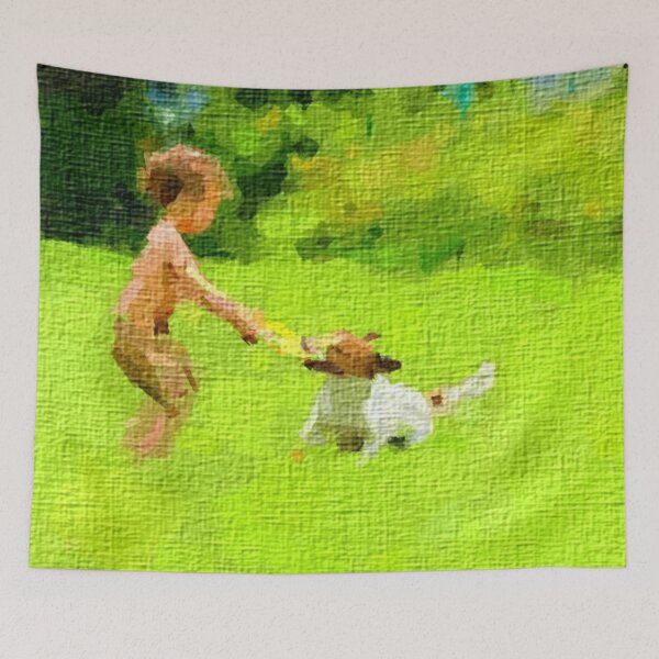 Item preview, Home Decor Wall Digital printable Art, Morning Mischief,  A Heartwarming Portrait of a Dog and Child at Play. designed and sold by Arts n stories.