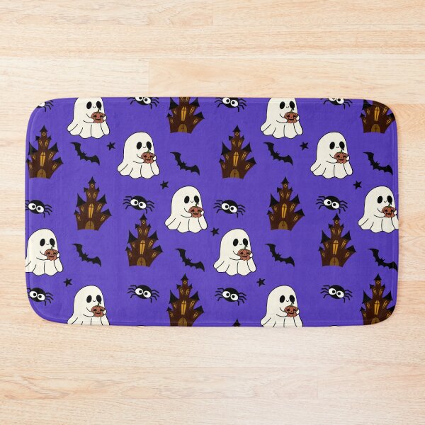 Item preview, Large pattern of ghost holding pumpkin with haunted house, bat, star and spider on a purple background designed and sold by Katrina-Clayton.