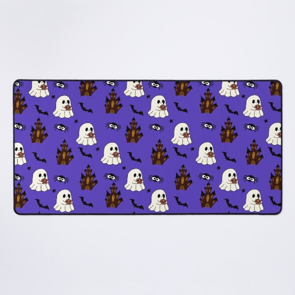 Item preview, Large pattern of ghost holding pumpkin with haunted house, bat, star and spider on a purple background designed and sold by Katrina-Clayton.
