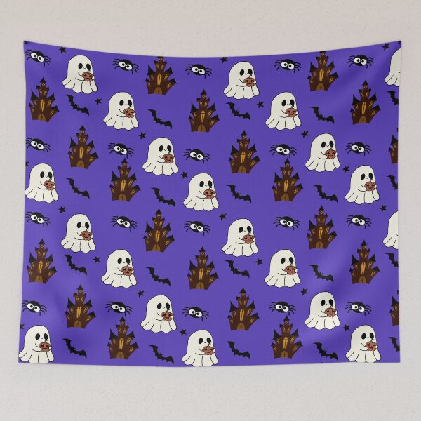 Item preview, Large pattern of ghost holding pumpkin with haunted house, bat, star and spider on a purple background designed and sold by Katrina-Clayton.