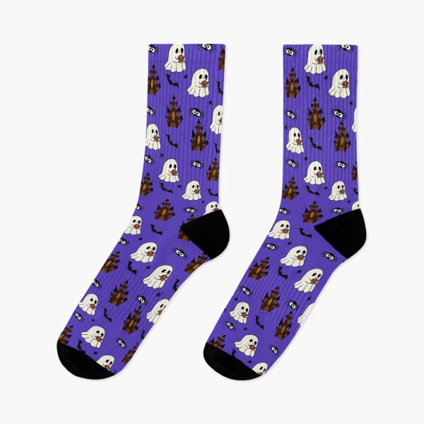 Item preview, Medium pattern of ghost holding pumpkin with haunted house, bat, star and spider on a purple background designed and sold by Katrina-Clayton.