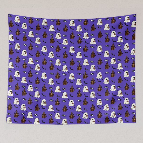 Item preview, Medium pattern of ghost holding pumpkin with haunted house, bat, star and spider on a purple background designed and sold by Katrina-Clayton.