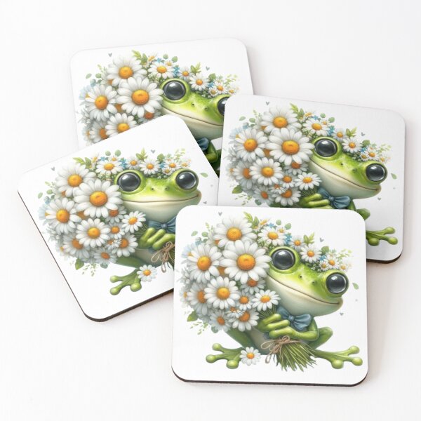 Item preview, Cute Green Frog with Daisy Bouquet Illustration designed and sold by AesthinkArt.
