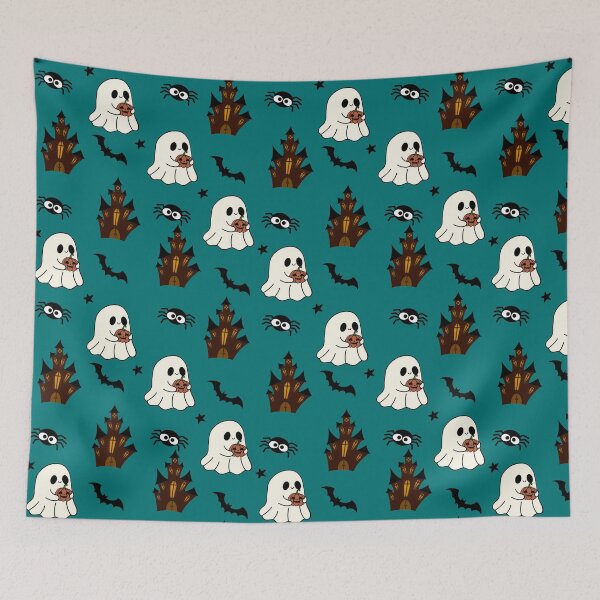 Item preview, Large pattern of ghost holding pumpkin with haunted house, bat, star and spider on a green background designed and sold by Katrina-Clayton.
