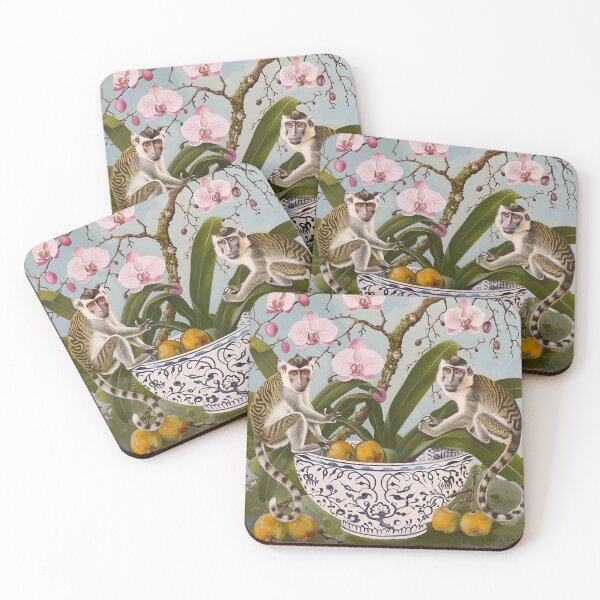Item preview, Chinoiserie monkeys,orchids and the bowl of fruits on grey designed and sold by SophieClimaArt.
