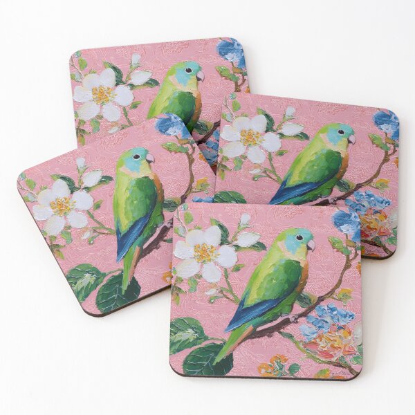 Artikelvorschau, Chinoiserie grüner und blauer Wellensittich und Kirschblüte auf rosa entworfen und verkauft von SophieClimaArt.