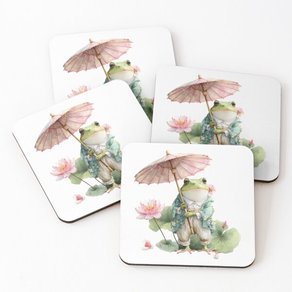 Item preview, Whimsical Frog With Parasol and Lotus Watercolor Cottagecore Nature Art designed and sold by StickerHavenn.