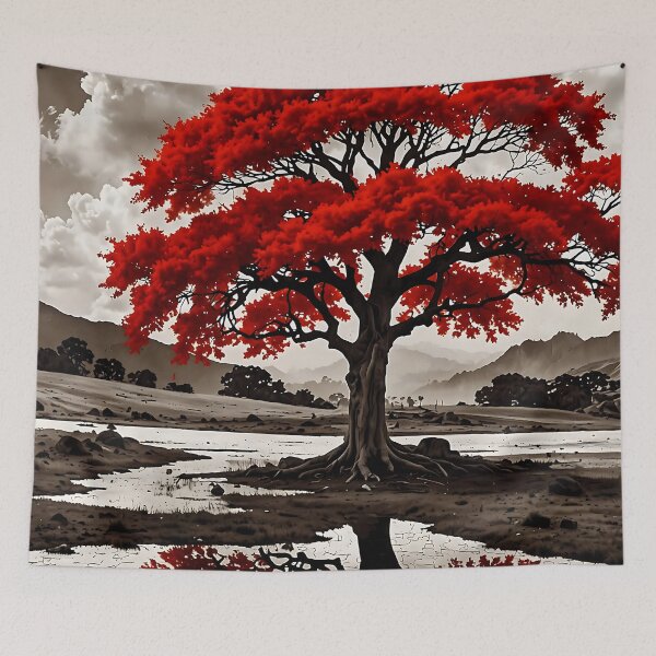 Item preview, Red trees by the mountain river designed and sold by PixelParadies.