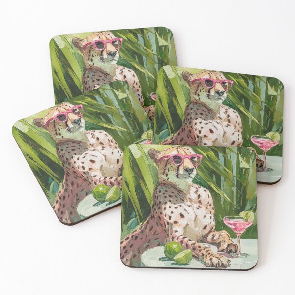 Item preview, Modern preppy cheetah with a pink cocktail surrounded with palm leaves designed and sold by Gino By Design.