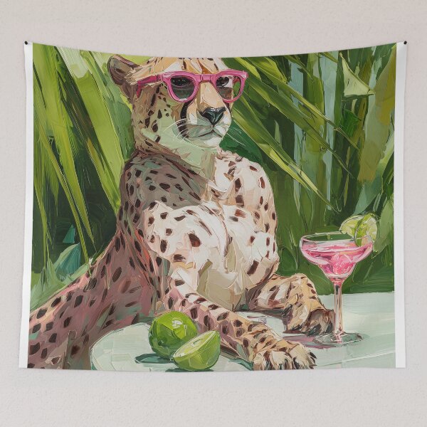 Item preview, Modern preppy cheetah with a pink cocktail surrounded with palm leaves designed and sold by Gino By Design.