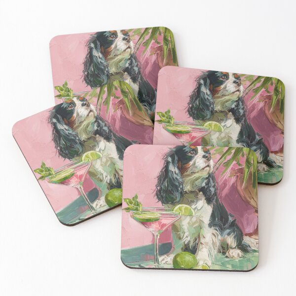 Item preview, Gorgeous abstract preppy Cavalier King Charles Spaniel with a cocktail on a pink and green background designed and sold by Gino By Design.