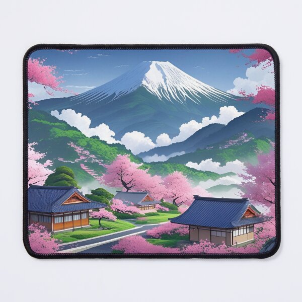 Item preview, Japanese houses with mountain and cherry blossom trees designed and sold by atomicblues85.