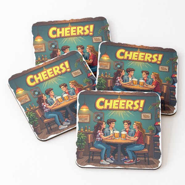 Item preview, Two Young Men and Two Young Women Holding Beer Mugs Smiling Together at Cozy Pub Table with Warm Lights designed and sold by Mimoshi ⭐⭐⭐⭐⭐.