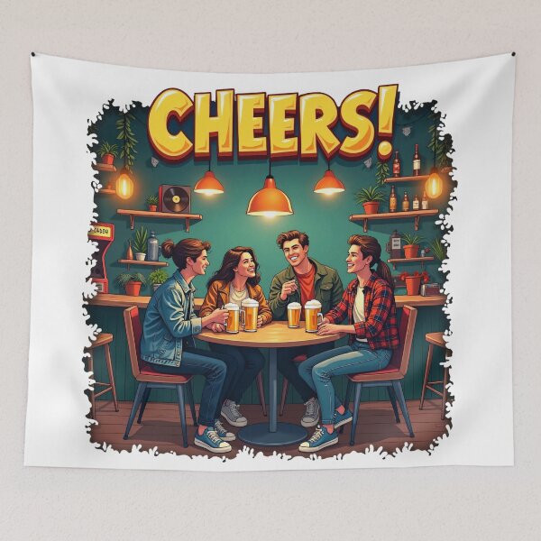 Item preview, Group of Friends Sitting Together at Pub Table Holding Beer Glasses Smiling Happily Inside Cozy Bar with Warm Lights designed and sold by Mimoshi ⭐⭐⭐⭐⭐.