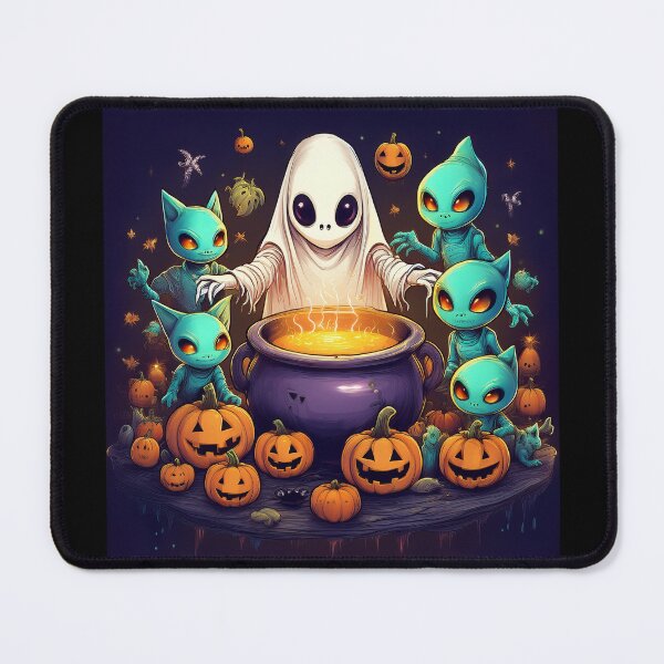 Item preview, Spooky Brew: A vibrant and spooky design with aliens, pumpkins, bats and alien cats  designed and sold by Camel & Quirk.