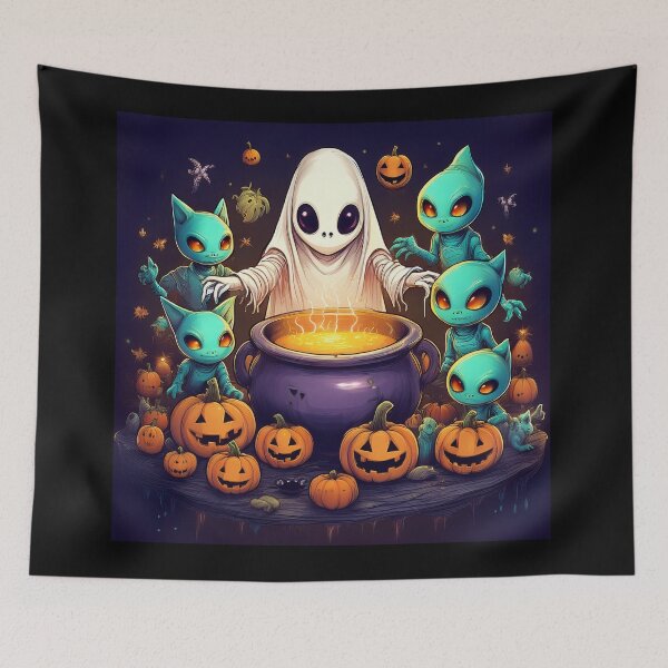 Item preview, Spooky Brew: A vibrant and spooky design with aliens, pumpkins, bats and alien cats  designed and sold by Grang Art Artistic Designs.