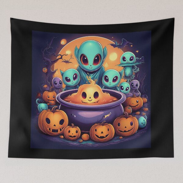 Item preview, Intergalactic Trick-or-Treat: A vibrant and spooky design with aliens, pumpkins, bats and alien cats  designed and sold by Grang Art Artistic Designs.