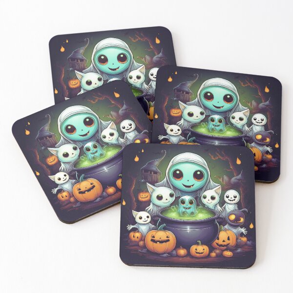 Aperçu de l'œuvre Ghostly Brew : Un design vibrant et effrayant avec des extraterrestres, des citrouilles, des chauves-souris et des chats extraterrestres créée et vendue par Grang Art Artistic Designs.