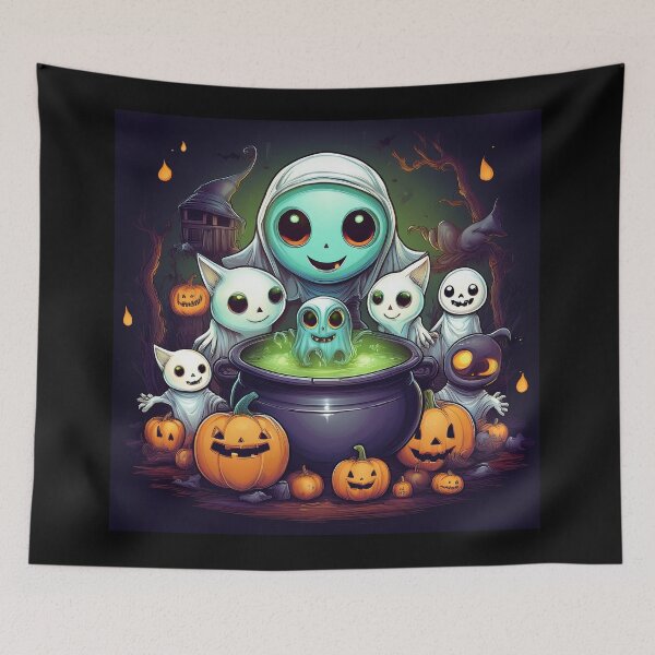 Item preview, Ghostly Brew: A vibrant and spooky design with aliens, pumpkins, bats and alien cats  designed and sold by Grang Art Artistic Designs.