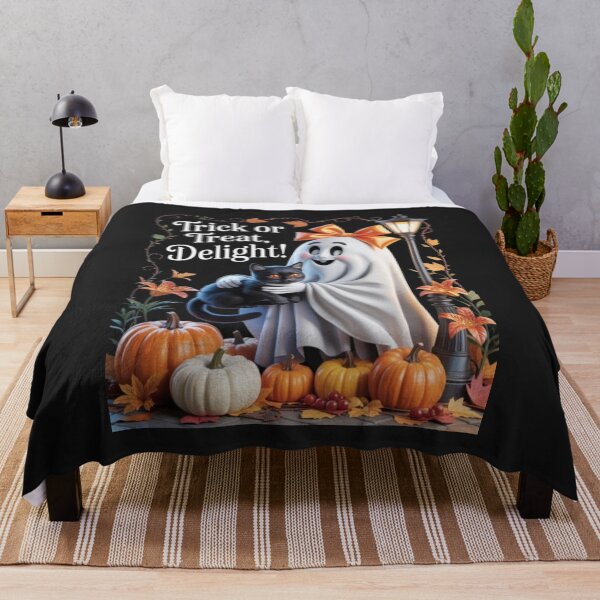 Item preview, Cute Halloween Ghost with Black Cat – Trick or Treat Delight Illustration designed and sold by dortmond.