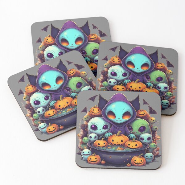Aperçu de l'œuvre Trick-or-Treat intergalactique : un design vibrant et effrayant avec des extraterrestres, des citrouilles, des chauves-souris et des chats extraterrestres créée et vendue par Grang Art Artistic Designs.