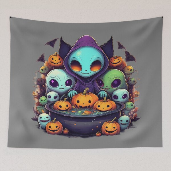 Item preview, Intergalactic Trick-or-Treat: A vibrant and spooky design with aliens, pumpkins, bats and alien cats  designed and sold by Grang Art Artistic Designs.