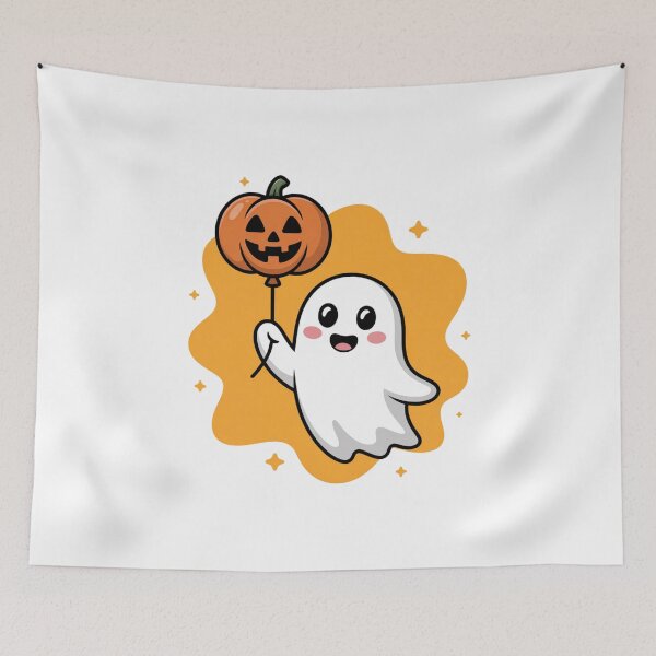 Item preview, Cute Ghost with Pumpkin Balloon – Halloween Fun designed and sold by ArtByYunus.