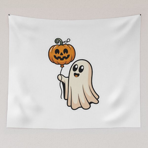 Item preview, Cute Ghost with Pumpkin Balloon – Halloween Fun designed and sold by ArtByYunus.