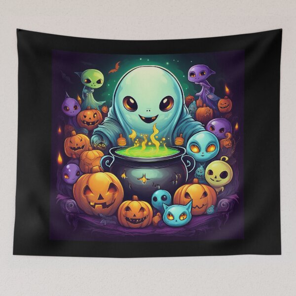 Item preview, Cosmic Brewing Trick-or-Treat: A vibrant and spooky design with aliens, pumpkins, bats and alien cats  designed and sold by Grang Art Artistic Designs.