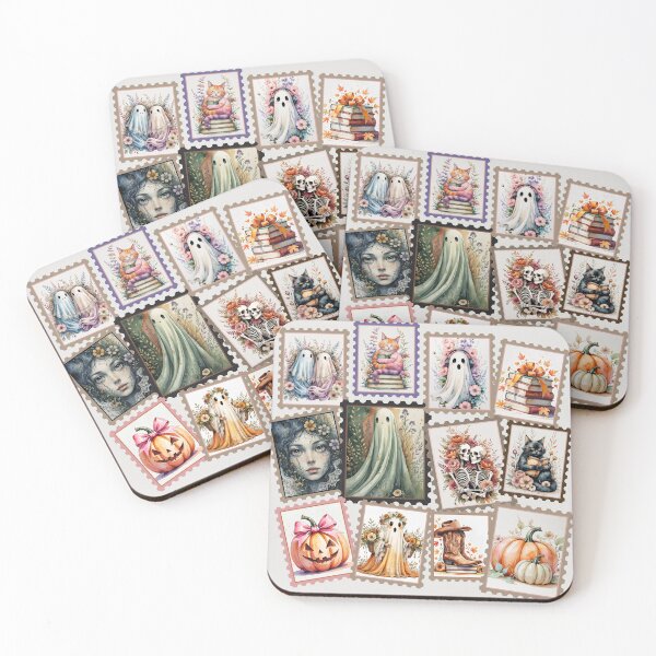 Item preview, Vintage Autumn Halloween Postage Stamps, Cozy Ghost, Skeleton Couple, Pumpkins, Witchy Cat designed and sold by KolorellaS.