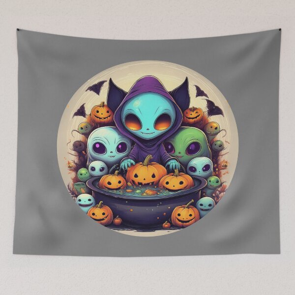 Item preview, Alien Trick-or-Treat: A vibrant and spooky design with aliens, pumpkins, bats and alien cats  designed and sold by Grang Art Artistic Designs.
